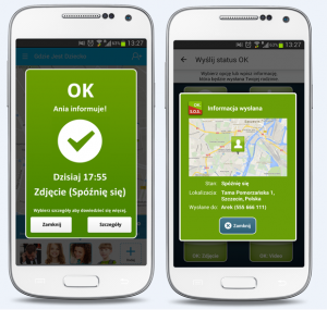 Screen z usługi Gdzie Jest Dziecko z powiadomieniem OK, czyli widok dwóch białych telefonów komórkowych, na których widoczne jest zielone powiadomienie z informacją, gdzie znajduje się bliski i informacją, że wszystko jest OK