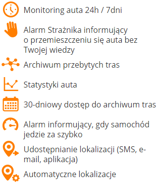 Sposoby na ochronę auta takie jak monitoring, alarm strażnika, archiwum tras, statystyki auta, automatyczne lokalizacje, czy alarm o przekroczeniu prędkości wypisane w podpunktach z pomarańczowymi ikonami