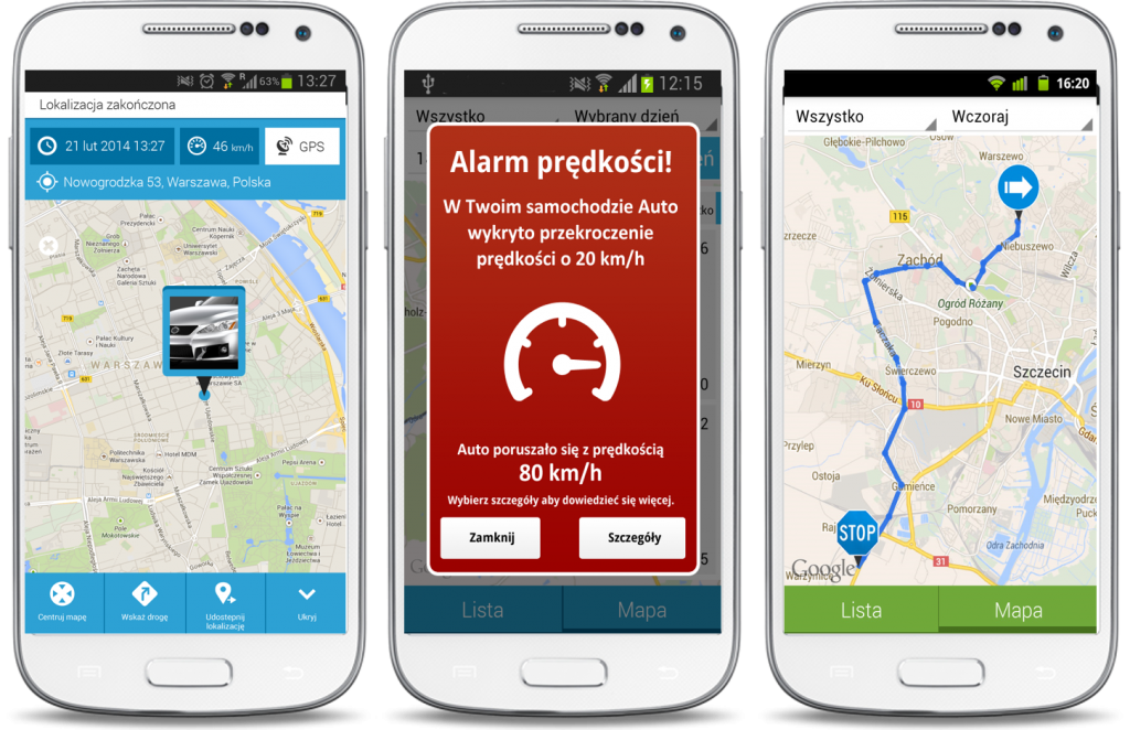 Telefony z aplikacją gdzie jest auto, czyli widok trzech smartfonów z poszczególnymi funkcjami aplikacji takimi jak mapa z lokalizacją, alarm o przekroczeniu prędkości i mapa z zaznaczoną trasą