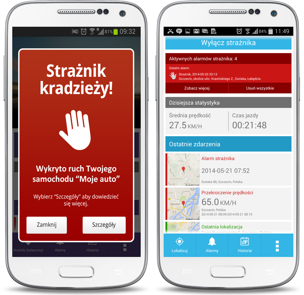Funkcje w aplikacji Gdzie Jest Auto, czyli widok dwóch telefonów komórkowych, na których przedstawione są screeny z funkcji Strażnik Kradzieży oraz Historia Powiadomień