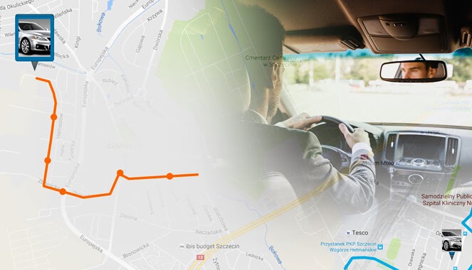 Historia przejazdów w lokalizatorze GPS do auta, czyli młody mężczyzna za kierownicą samochodu i widok mapy z trasą auta