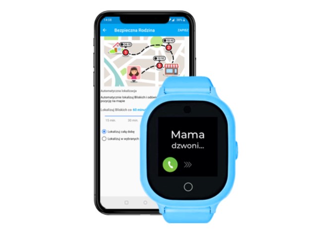 Telefon na rękę z funkcją lokalizacji i aplikacja Gdzie Jest Dziecko, czyli niebieski smartwatch z GPS GJD.06 z włączonym monitorem, na którym widać, że na urządzenie dzwoni Mama oraz widok czarnego telefonu z mapą i ustawieniami lokalizacyjnymi w aplikacji