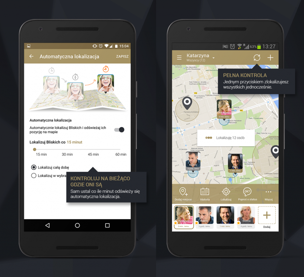 Dwa telefony komórkowe na ciemnym tle, ze screenami z aplikacji, jeden z automatyczną lokalizacją i wyborem opcji, drugi z mapą, na której widać lokalizację kilku osób