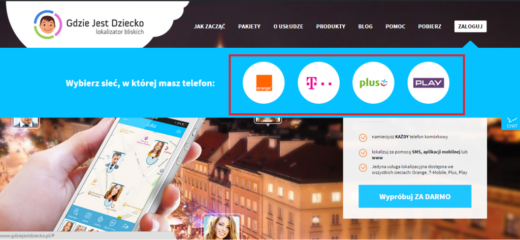Screen ze strony Gdzie Jest Dziecko z wyborem sieci komórkowej Orange, T-mobile, Plus lub Play