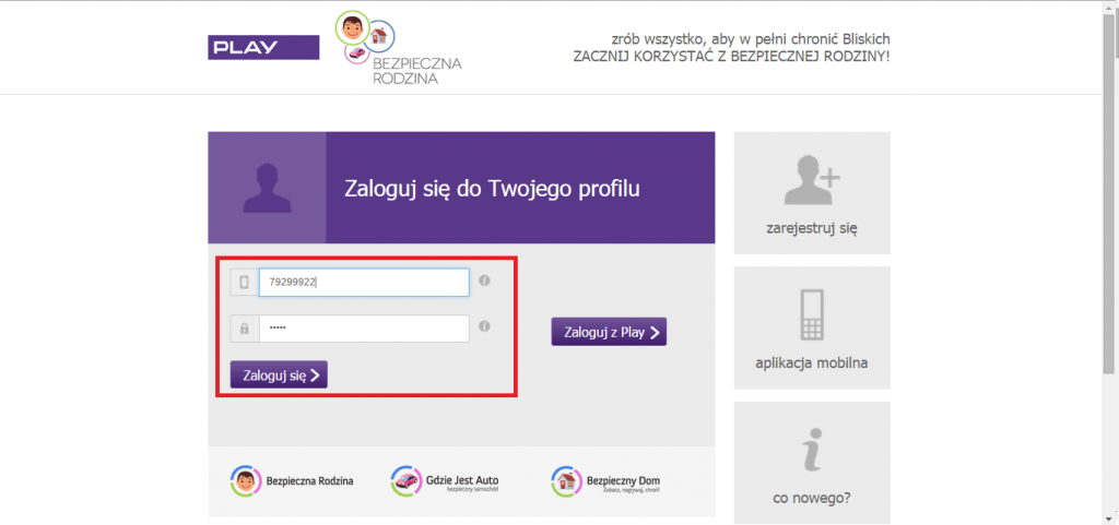 Logowanie do Gdzie Jest Dziecko, czyli widok strony od Bezpiecznej Rodziny z możliwością zalogowania się do portalu po wybraniu operatora Play