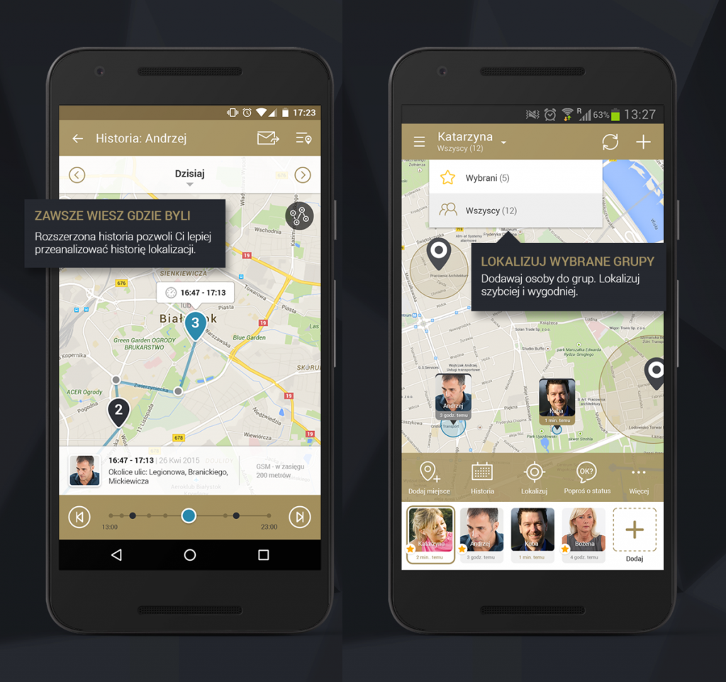 Widok dwóch telefonów komórkowych na ciemnym tle, na jednym z nich widoczny jest screen z aplikacji z historii lokalizacji z mapą i dokładnymi danymi o której i gdzie była dana osoba, na drugim mapa z możliwością lokalizowania wybranych grup