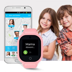 Aplikacja Gdzie Jest Dziecko na telefonie komórkowym oraz różowy zegarek GPS dla dziecka z dotykowym i kolorowym ekranem, na którym widoczna jest godzina 12:54