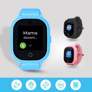 Zegarek z GPS GJD.06 dla dzieci różne kolory, czyli niebieski, czarny i różowy smartwatch dla dzieci z funkcją telefonu i lokalizacji na jasnym tle oraz ikony funkcji na niebieskim tle na dole obrazka