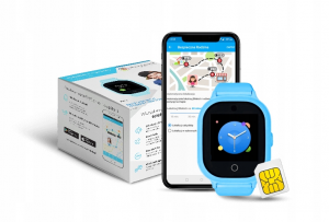 grafika przedstawiająca pudełko od zegarka GPS GJD.06 oraz telefon komórkowy z aplikacją, niebieski smartwatch oraz karta SIM