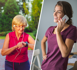 Seniorka w sportowym stroju, w parku, z słuchawkami na uszach, stoi i zerka na smartwatch, który ma na lewym nadgarstku oraz młoda kobieta w mieszkaniu, ubrana w fioletową koszulkę, rozmawiająca przez telefon komórkowy