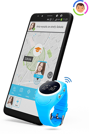 Zdjęcie przedstawiające niebieski zegarek GJD.03 od Bezpiecznej Rodziny oraz telefon komórkowy z widokiem aplikacji od Bezpiecznej Rodziny, na której jest mapa oraz informacja, że dziecko opuściło szkołę