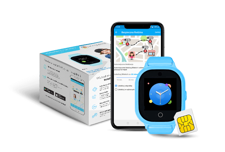 widok telefonu komórkowego z uruchomioną aplikacją Bezpieczna Rodzina oraz niebieski zegarek GJD.06 na który dzwoni mama i karta SIM w zestawie