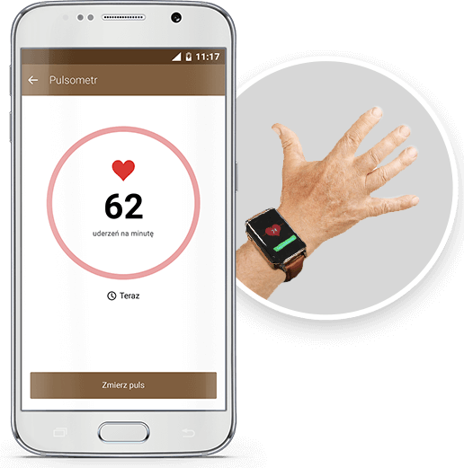 Telefon komórkowy ze screenem aplikacji z funkcji Pulsometr, na którym widać informację o 62 uderzeniach serca na minutę oraz obok telefonu okrągłe zdjęcie, w którym widać rękę z założonym na nadgarstek zegarkiem BS.01