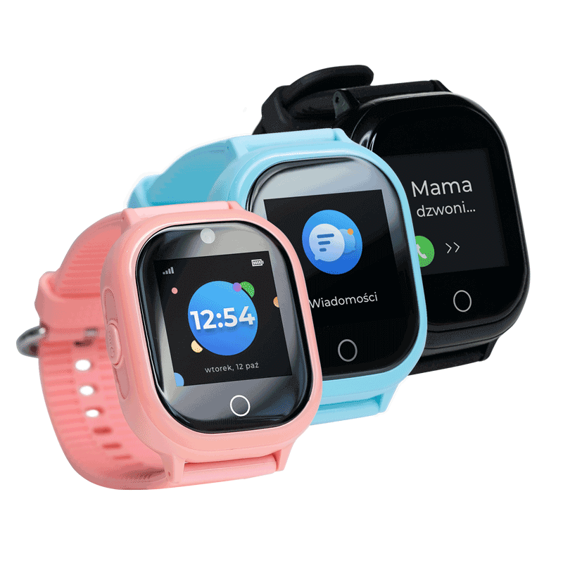 zegarki z GPS GJD.06, czyli zdjęcie różowego, niebieskiego i czarnego smartwatcha dla dzieci